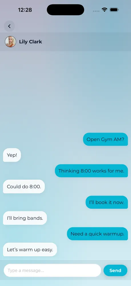 Core.X app chat thread: members coordinating an open-gym session in a direct-message conversation.