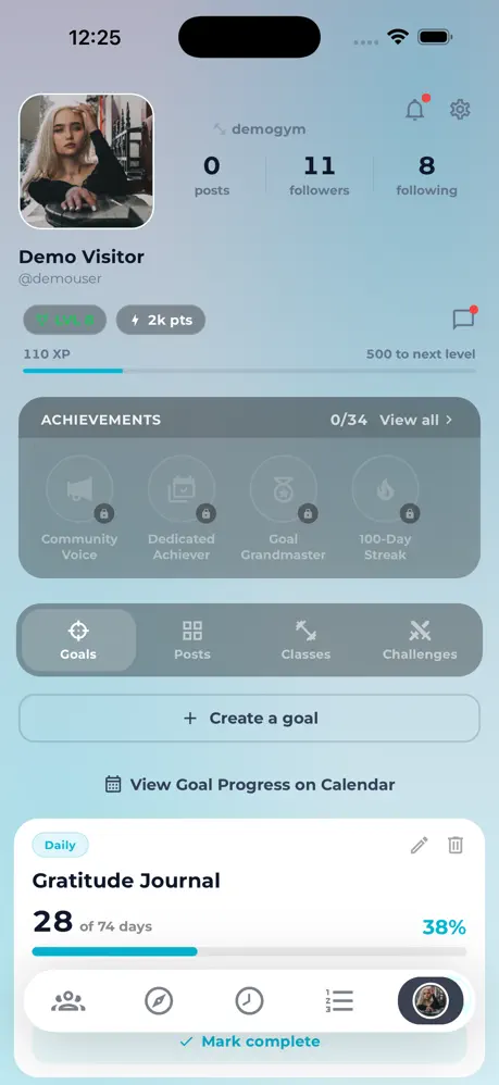 Core.X app member profile with followers, level and XP progress, achievements, and goal tracking with streaks.