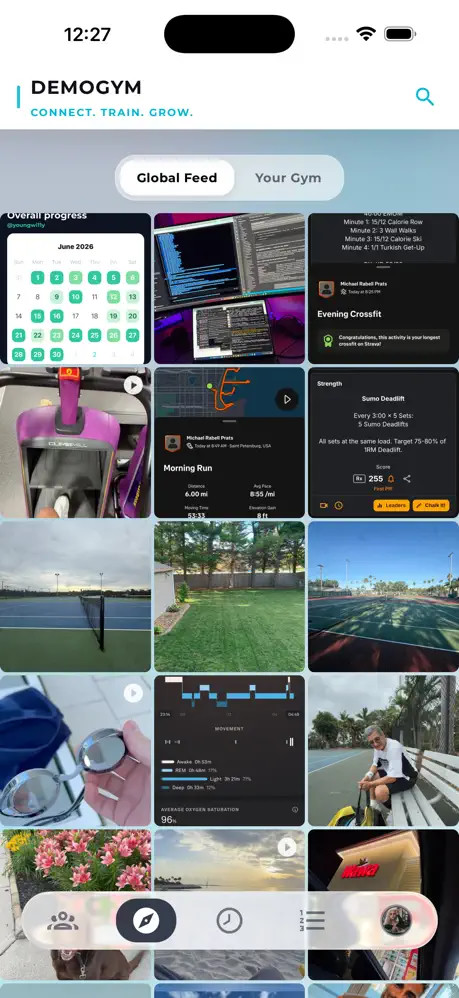 Core.X app Global Feed: a mosaic photo grid of member workouts, runs, meals and progress across the whole community.